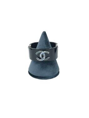 Auth CHANEL Black Patent CC Logo Wide Bangle Cuff Bracelet
